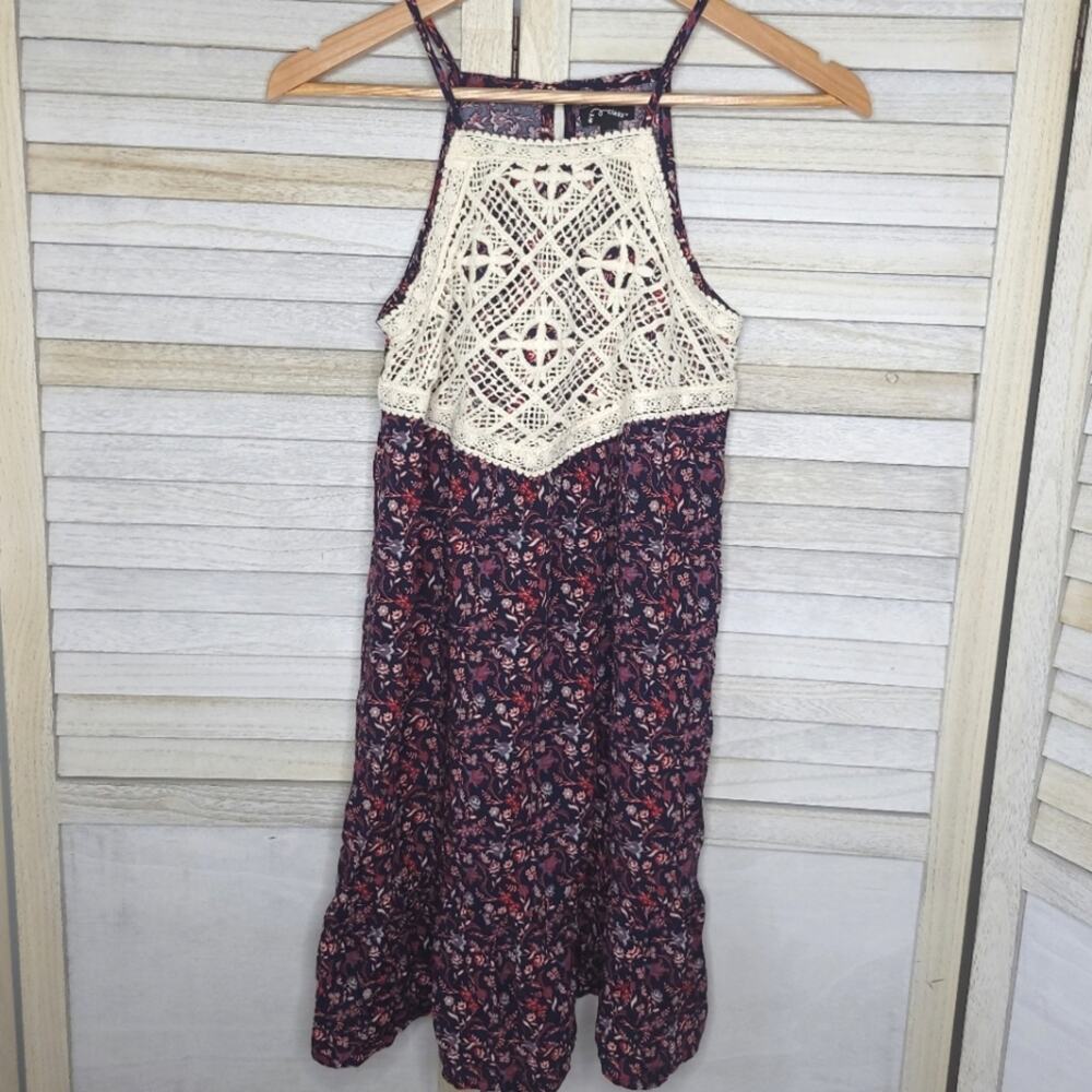 💛3/$15 Girls 10/12 Art Class Floral Long Crochet Dress 10 12 Medium Blue Red